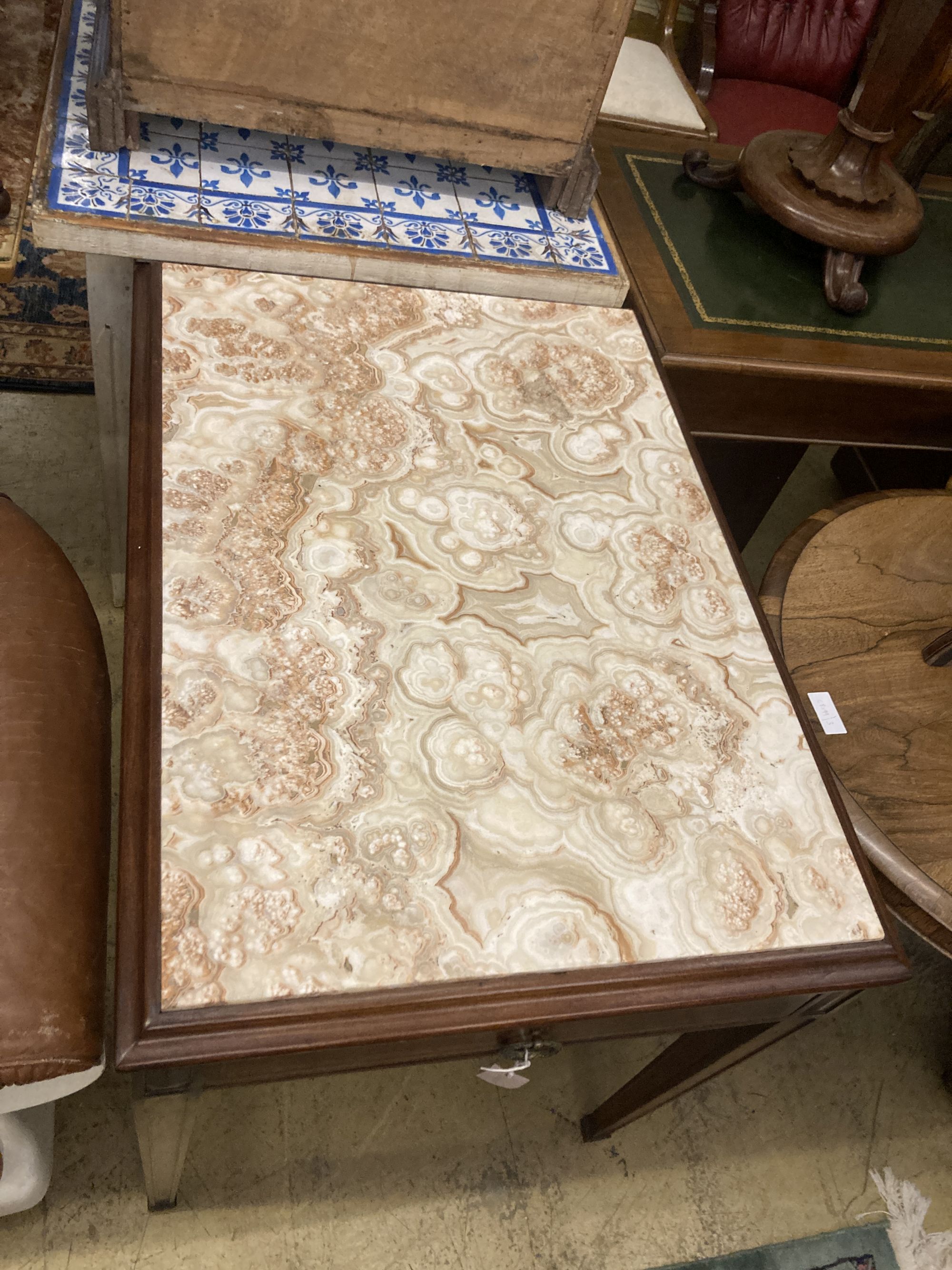 An early 20th century Continental marble top centre table, width 92cm depth 64cm height 76cm